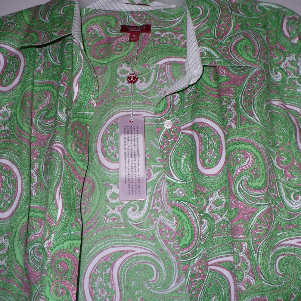Talbots 16 green pink paisley cotton blouse